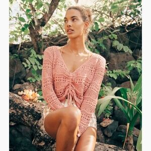 Crochet Knit Crop Top Ruched Front Sheer LARGE Orange Pastel Festival Boho Fairy